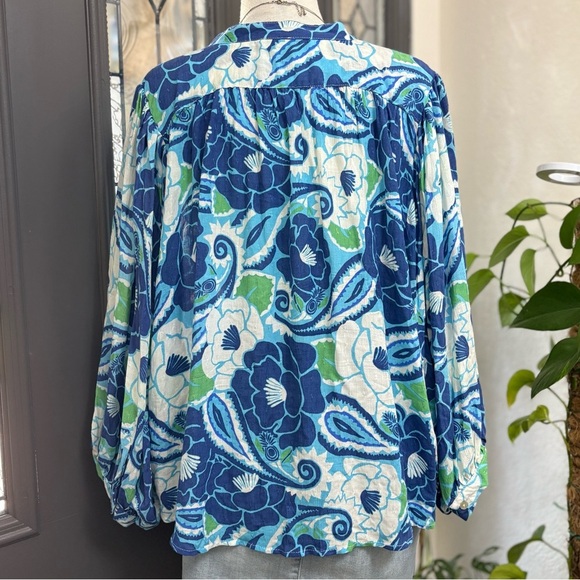 Nicole Miller Blue Green Floral Paisley Print Bishop Sleeve Button Front Top - Picture 5 of 10
